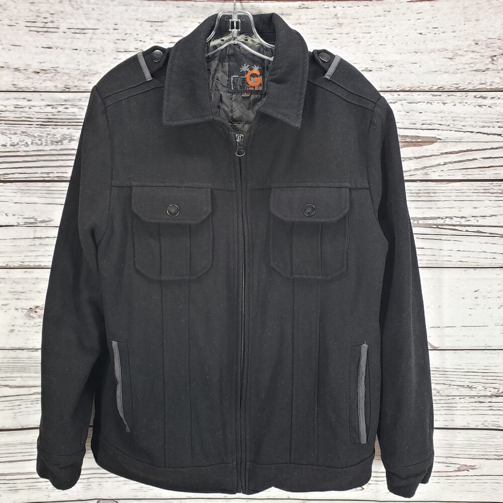 Guess Men's Black Wool Blend Multi Pockets Full Zip Coat Jacket Size Large